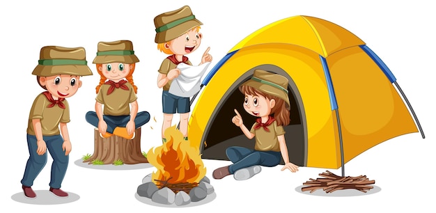 Campingkinderen in cartoonstijl