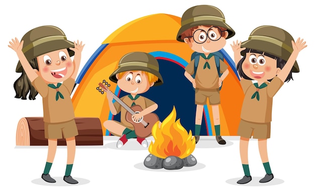 Campingkinderen in cartoonstijl
