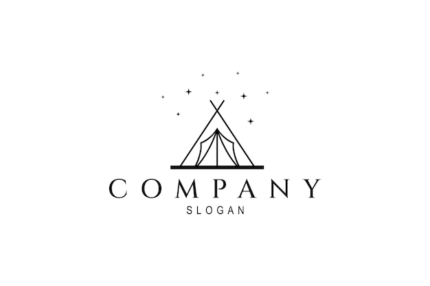 Campingtent-logo 's nachts versierd met sterren in lineaire ontwerpstijl