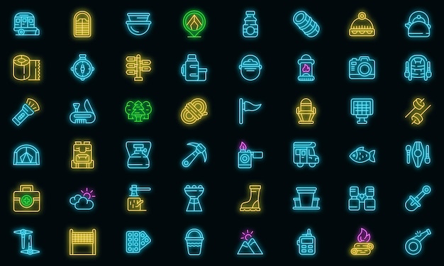 Campsite icon set neon vector