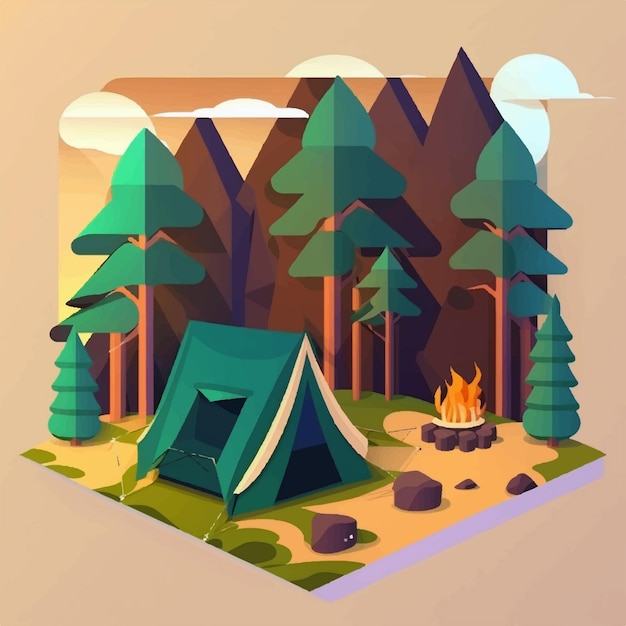 Campsite view in forest with tent and campfire