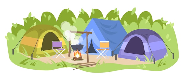 Campsite with no people flat vector illustration. Forest camp, tents chairs and camping pot. Landscape tourism. Cooking food on bonfire, outdoor picnic. Empty campground  isolated on white background