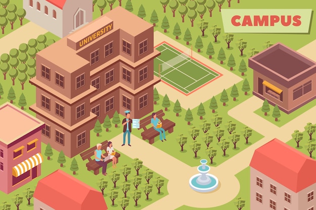 Illustrazione isometrica del campus con edificio universitario, area parco e campo sportivo all'aperto