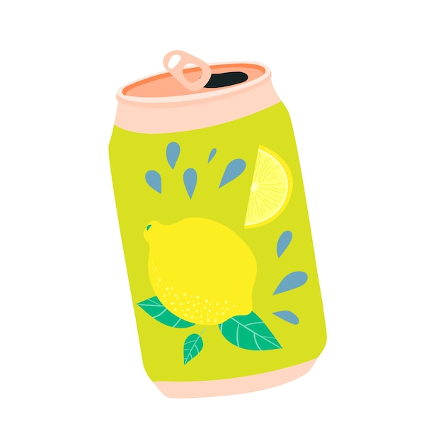 Vector can of cute kawaii lemon soda lemonade in an aluminum recyclable jar a refreshing summer drink