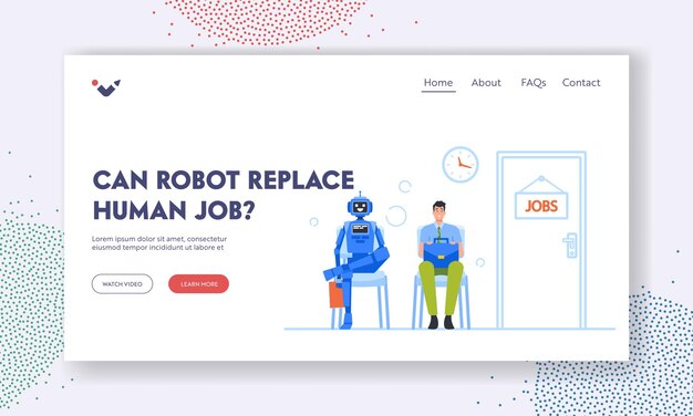 I robot possono sostituire il modello di pagina di destinazione dei lavori umani cyborg e uomo d'affari seduti nella lobby in attesa di invito per l'intervista personaggio umano e macchina che assume in ufficio cartoon vector illustration