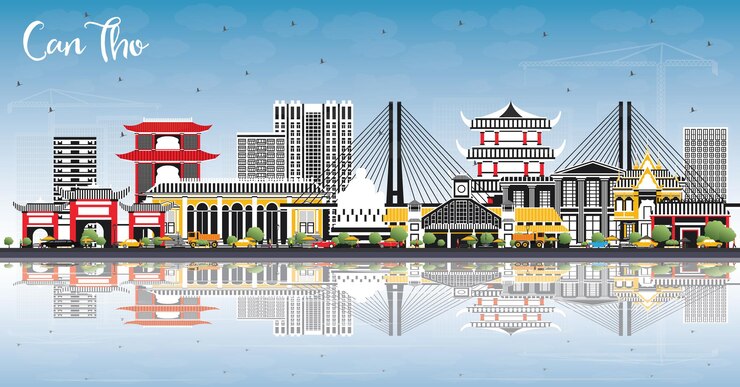 Vector can tho vietnam city skyline with gray buildings, blue sky and reflections. vector illustration. business travel and tourism concept with historic architecture. can tho cityscape with landmarks.