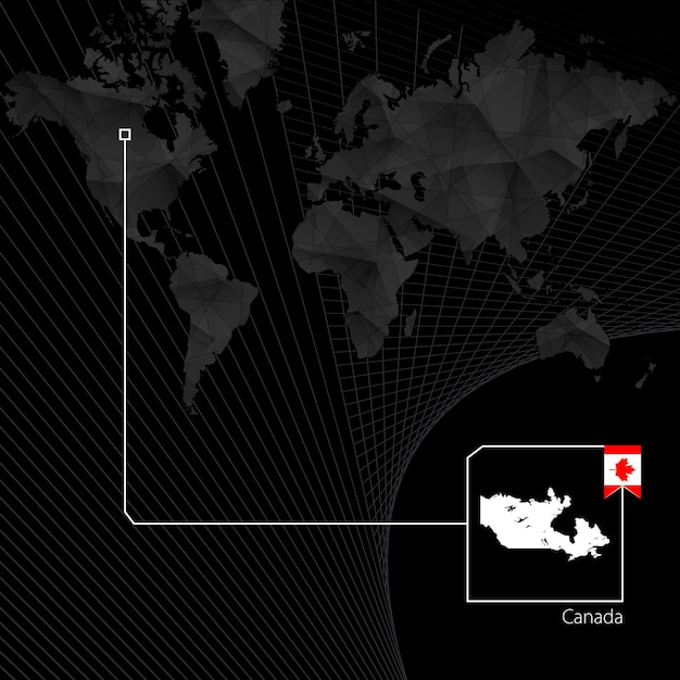 검은색 세계 지도에 있는 캐나다 캐나다의 지도와 발