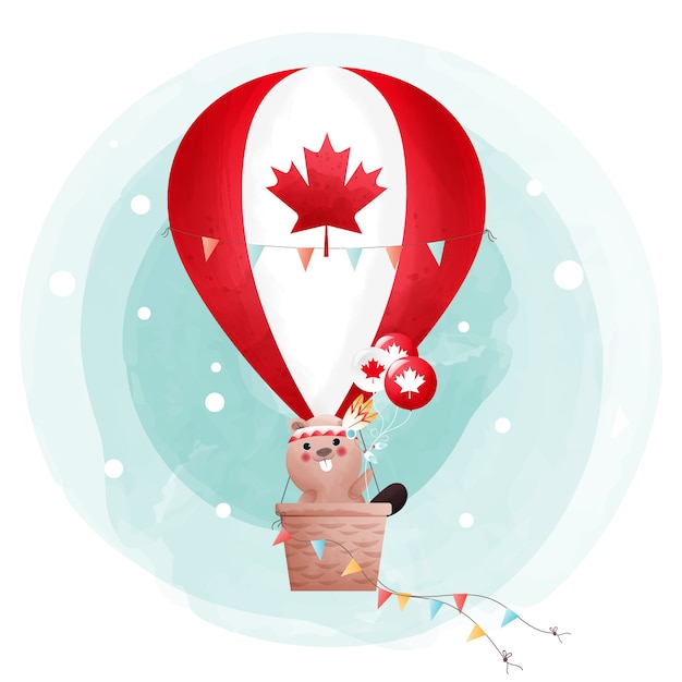 Canada day illustration with cute beaver and flag of Canada on hot air balloon.