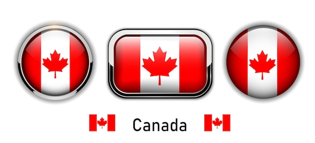 Canada flag buttons, 3d shiny vector icons.