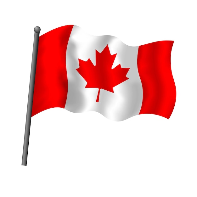 Vector canada flag on flagpole waving in wind canadiian flag with maple leaf emblem vector