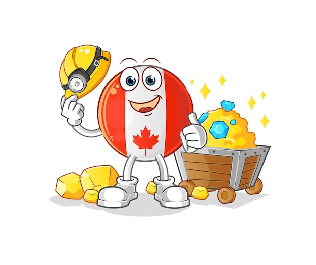 Canada flag miner with gold character cartoon mascot vector