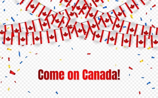 透明な背景に紙吹雪とカナダの花輪の旗、お祝いのテンプレートバナーの旗布を掛ける、