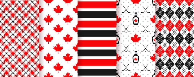 カナダのシームレスなパターン。幸せなカナダの日のテクスチャ。カナダのプリントのセット。赤黒のイラスト。