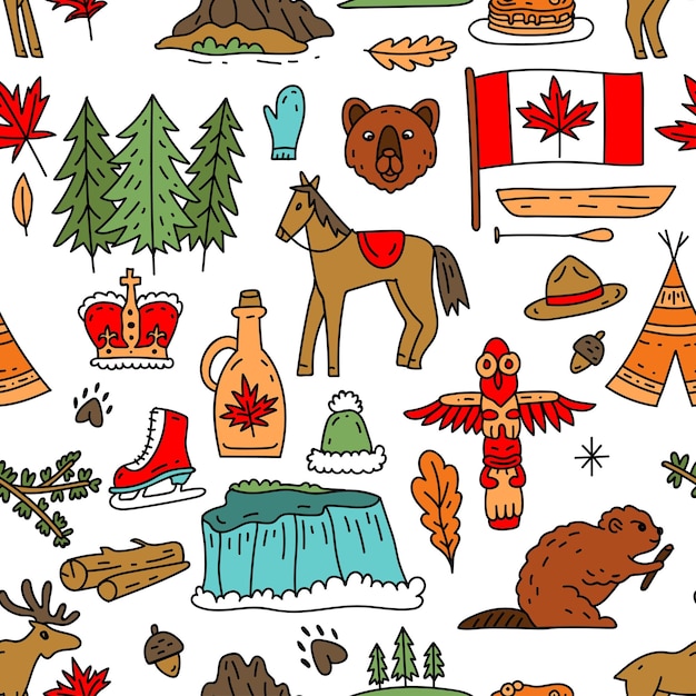 Vector canada sign and symbol flat icons set in seamless pattern