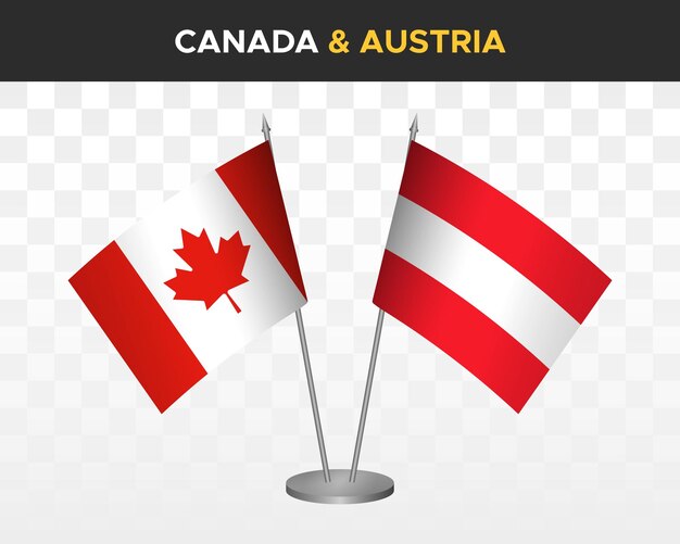 Mockup di bandiere da scrivania canada vs austria isolato su bianco bandiere da tavolo con illustrazione vettoriale 3d