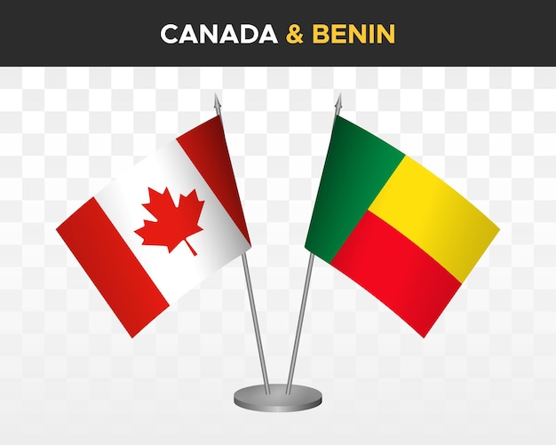 Canada vs Benin bureau vlaggen mockup geïsoleerd op wit 3d vector illustratie tafel vlaggen