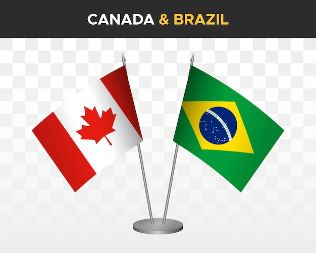 Canada vs Brazilië bureau vlaggen mockup geïsoleerd op witte 3d vector illustratie tafel vlaggen