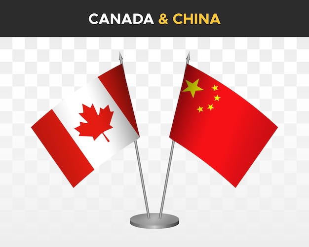 Макет настольных флагов Канады и Китая изолирован на белом трехмерном векторном иллюстративном табличном флаге