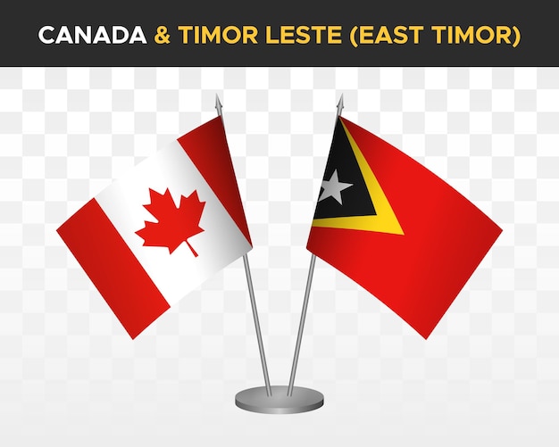 Canada vs East Timor Leste desk flags mockup isolated on white 3d vector illustration table flags