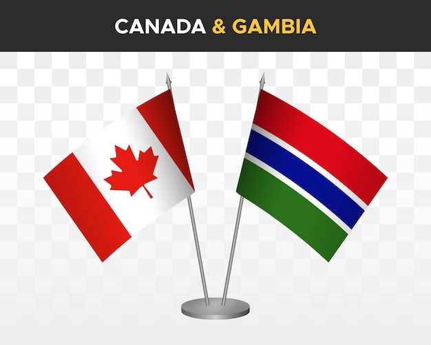 Mockup di bandiere da scrivania canada vs gambia isolato su bandiere da tavolo bianche con illustrazione vettoriale 3d