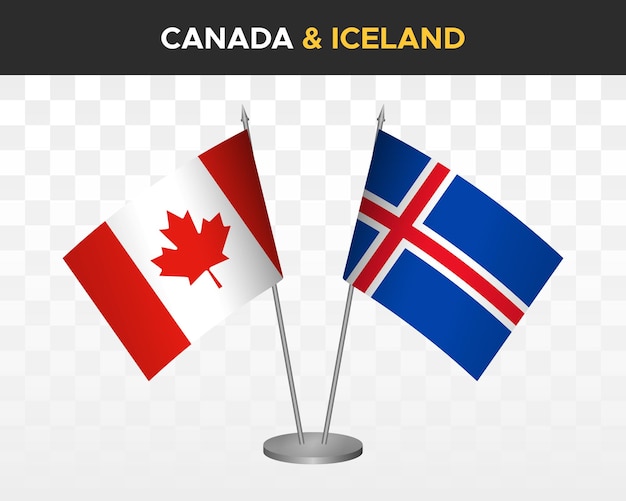 Canada vs Iceland desk flags mockup isolated on white 3d vector illustration table flags