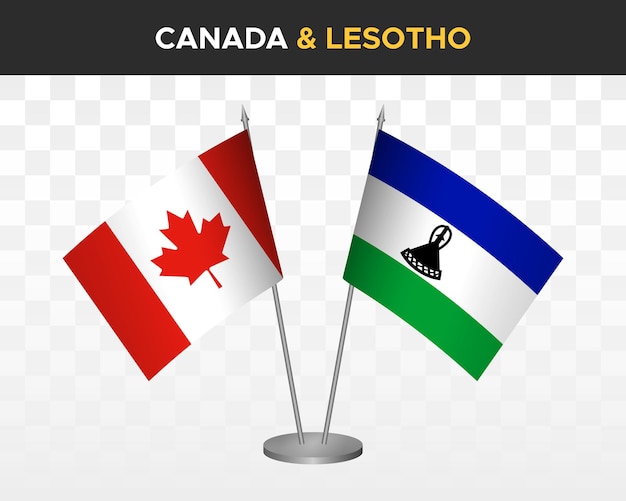 Canada vs Lesotho bureauvlaggen mockup geïsoleerd op witte 3d vector illustratie tafelvlaggen