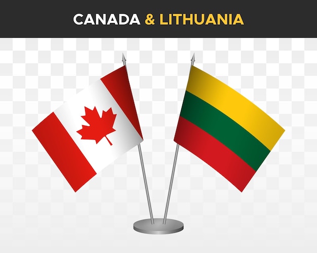 Canada vs Lithuania desk flags mockup isolated on white 3d vector illustration table flags