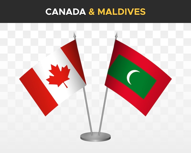 Canada vs Maldiven Bureau vlaggen mockup geïsoleerd op wit 3d vector illustratie tafel vlaggen