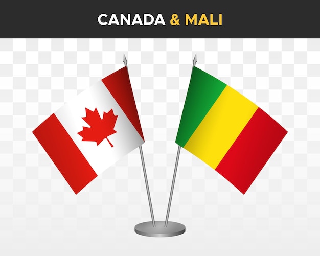 カナダ対マリのデスクフラグのモックアップは、白い3dベクトルイラストテーブルフラグで分離