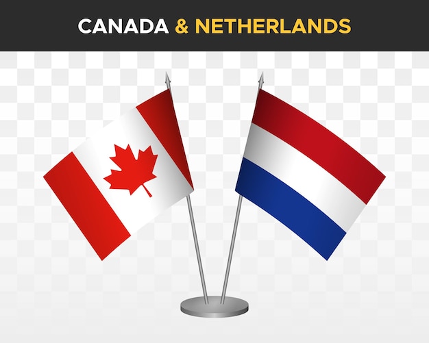 Canada vs Nederland bureau vlaggen mockup geïsoleerd op wit 3d vector illustratie tafelvlaggen