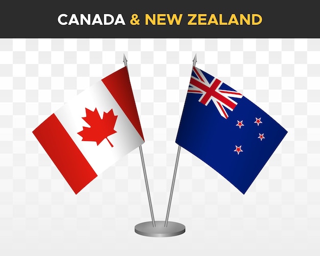 Canada vs nieuw-zeeland bureau vlaggen mockup geïsoleerd op witte 3d vector illustratie tafel vlaggen