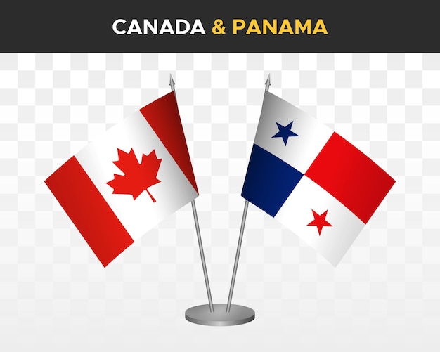 Mockup di bandiere da scrivania canada vs panama isolato su bianco bandiere da tavolo con illustrazione vettoriale 3d