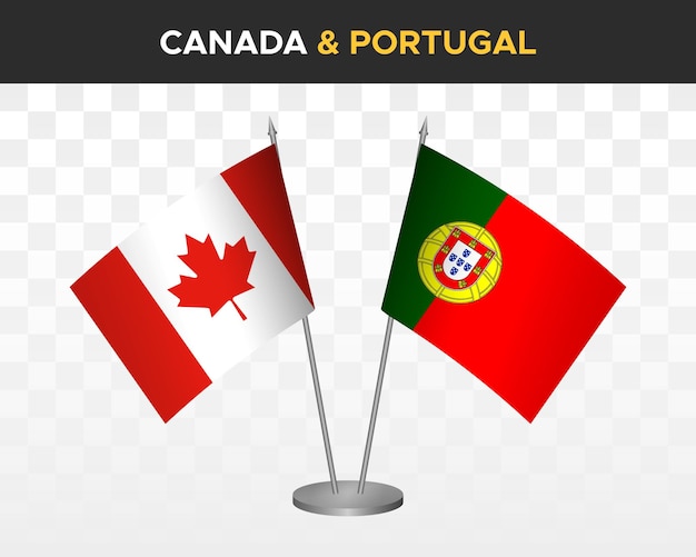 Canada vs Portugal desk flags mockup isolated on white 3d vector illustration table flags