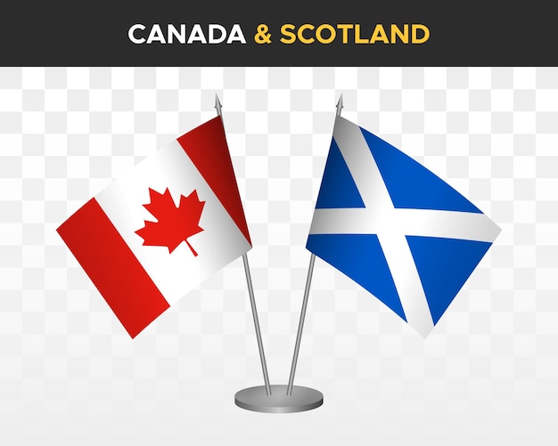Mockup di bandiere da scrivania canada vs scozia isolato su bianco bandiere da tavolo con illustrazione vettoriale 3d