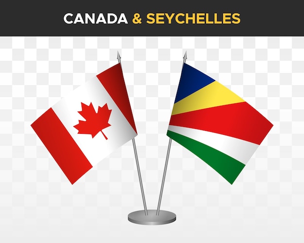 Canada vs Seychelles desk flags mockup isolated on white 3d vector illustration table flags