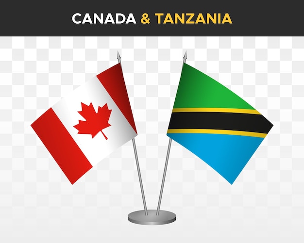 Canada vs Tanzania desk flags mockup isolated on white 3d vector illustration table flags