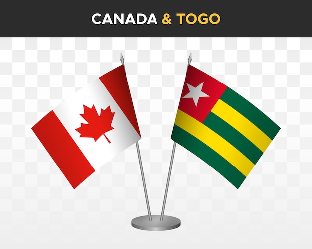 Mockup di bandiere da scrivania canada vs togo isolato su bianco bandiere da tavolo con illustrazione vettoriale 3d