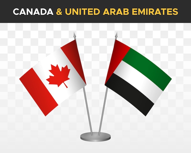 Canada vs UAE United Arab Emirates desk flags mockup isolated 3d vector illustration table flags