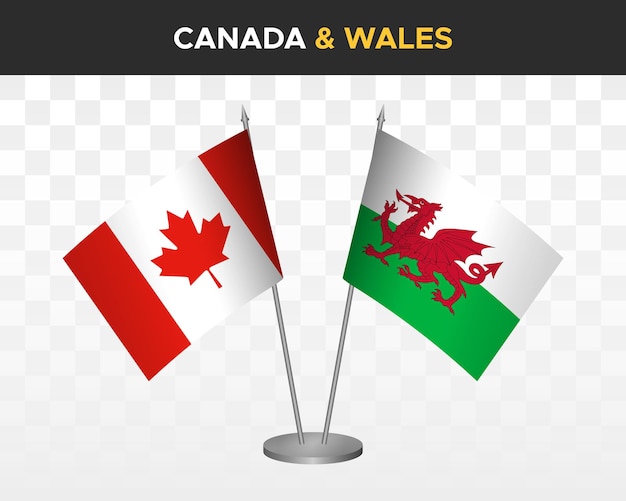 Макет флагов стола Канады и Уэльса изолирован на белом трехмерном векторном иллюстративном столе флагов