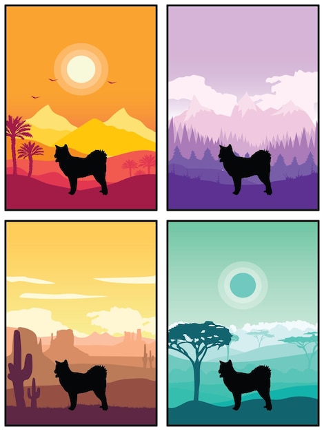 Canadian Eskimo Dog Breed Silhouette Sunset Forest Nature Background 4 Posters Stickers Cards