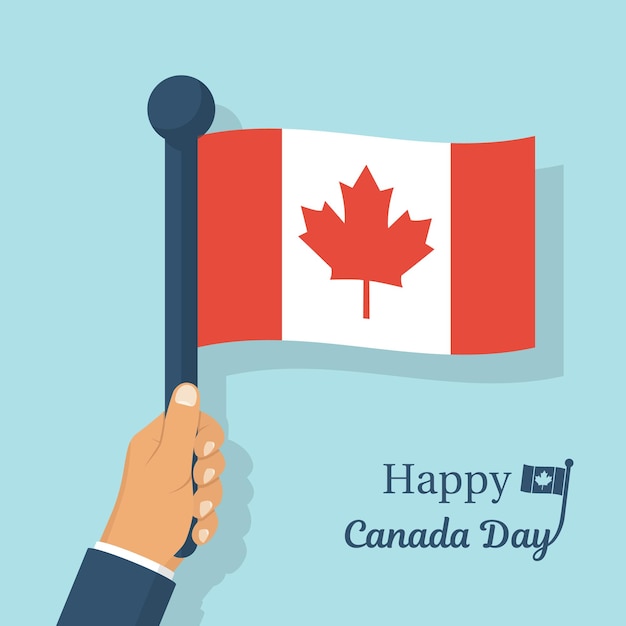 ベクトル カナダの国旗を手に持っている男性 カナダの日 国立祝日 風に吹く赤いメープル葉