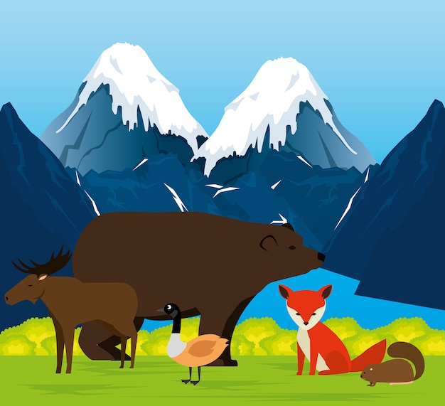 Vector canadian landscape with animals group scene