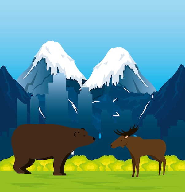 Vector canadian landscape with moose and grizzly bear