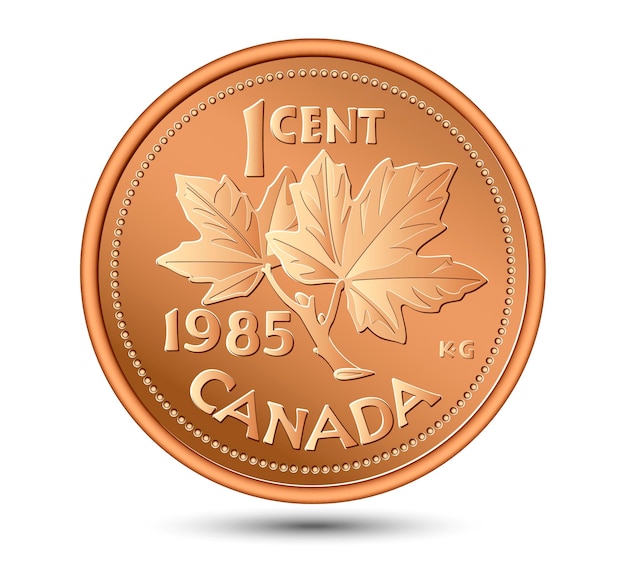 ベクトル カナダのペニー 1 セント コインの葉とカエデの木の枝を描いた白い背景の上