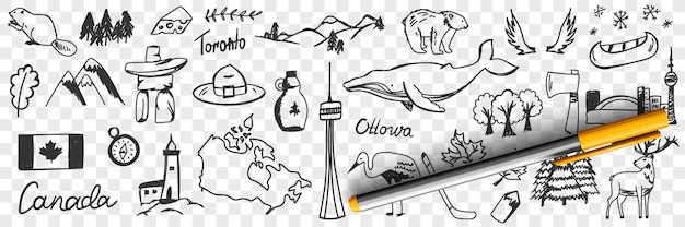 Canadian symbols and signs doodle set illustration