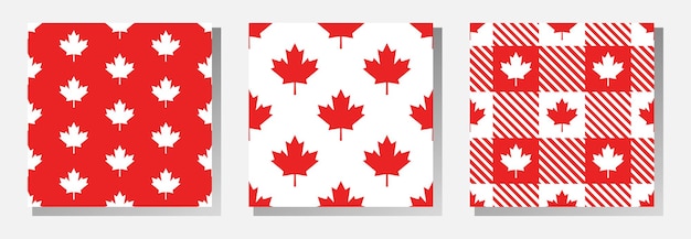 Canadian vector seamless patterns collection Red maple leaves and stripes on white background