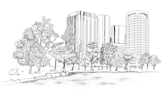 Vector a canal in a central park surrounded by buildings retro old line art etching vector