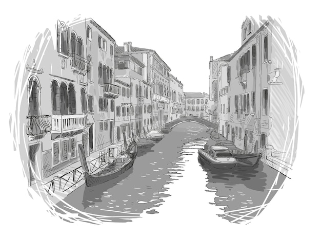 Canal with gondolas in Venice old town vector sketch