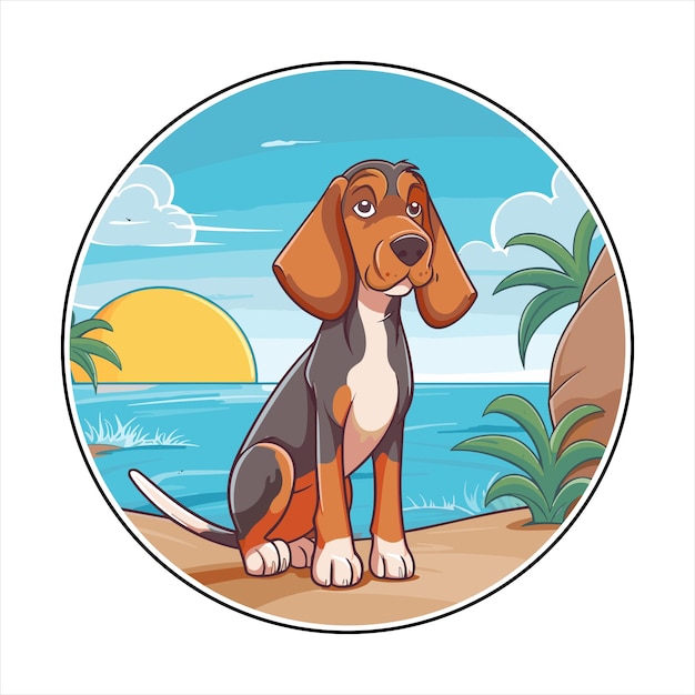 Vettore canaria warren hound razza di cane caricatura carino kawaii personaggio spiaggia estate animale domestico adesivo