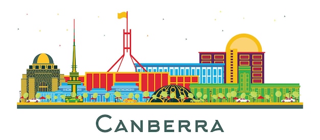 Canberra Australië City Skyline met gekleurde gebouwen geïsoleerd op wit Business Travel and Tourism Concept met moderne architectuur Canberra Cityscape met bezienswaardigheden